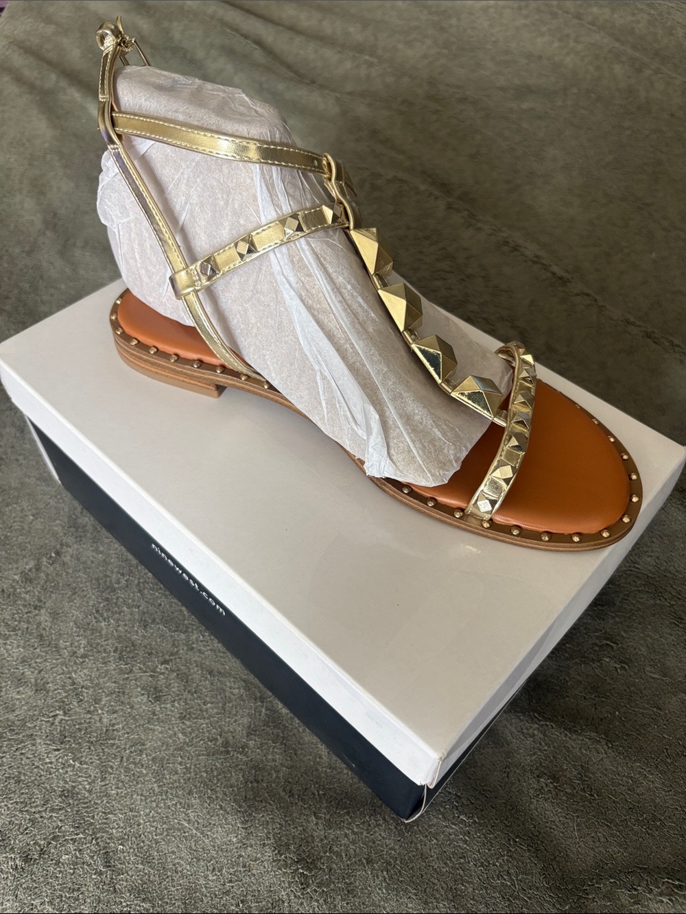 Nine West Gold Pyramid-Stud T-Strap Sandal with Tan Footbed